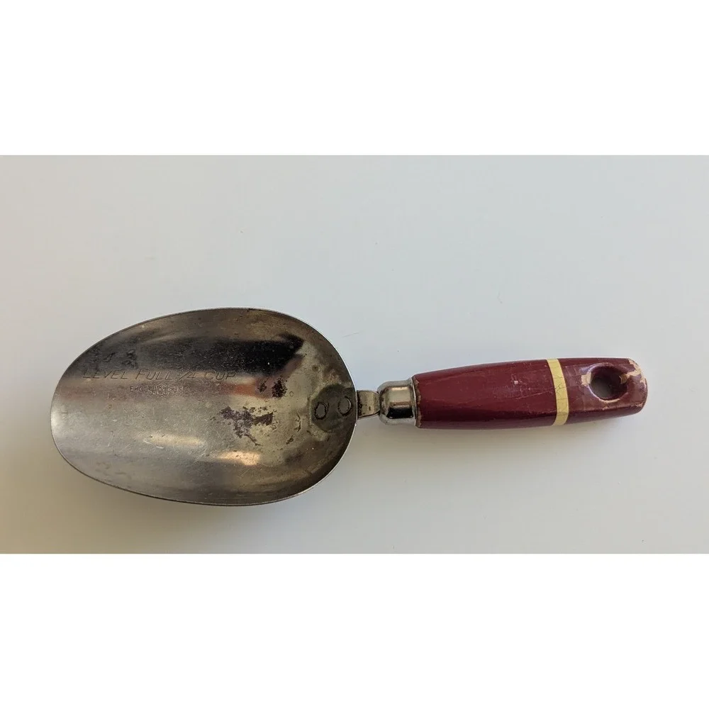 Vintage Ekco A&J USA 1/4 Cup‎ Metal Kitchen Scoop Burgundy Wood Handle 7.75 Inch